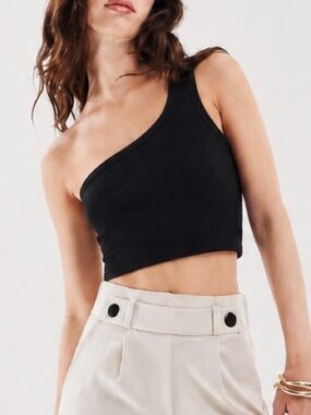 Better Be Black One Shoulder Ribbed Crop Tank Top Size L